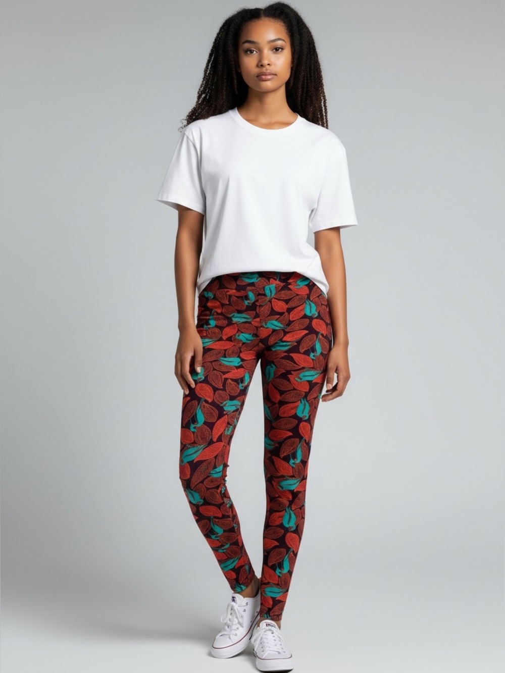 LuLaRoe Rust & Teal Bird and  Leaf-Print Leggings 
One Size Fits Most ~